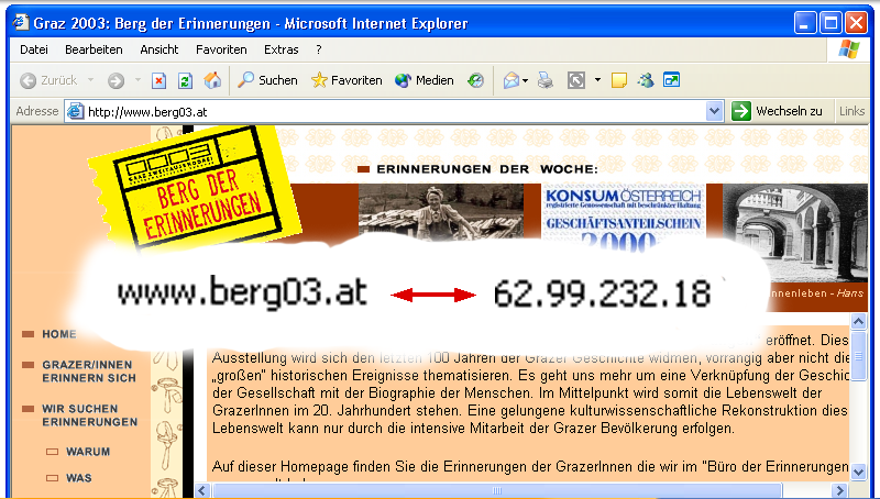 Die Webseite www.berg03.at erscheint am Bildschirm, Zuordnung URL - IP-Adresse.
