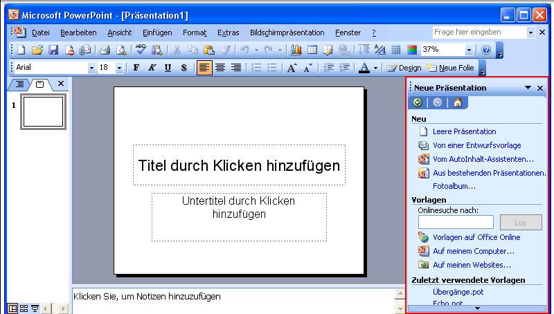 Zeigt den Aufgabenbereich für 'Neue Präsentation' (im rechten Bildbereich).