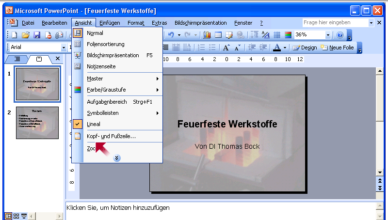 PowerPoint Folie 'Feuerfeste Werkstoffe', Menü 'Ansicht'.