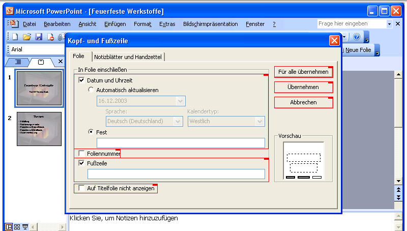 Dialogfenster 'Kopf- und Fusszeile'.